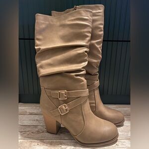 Khaki Tan Womens Mid Knee High Boots Chunky Heel NWOT
